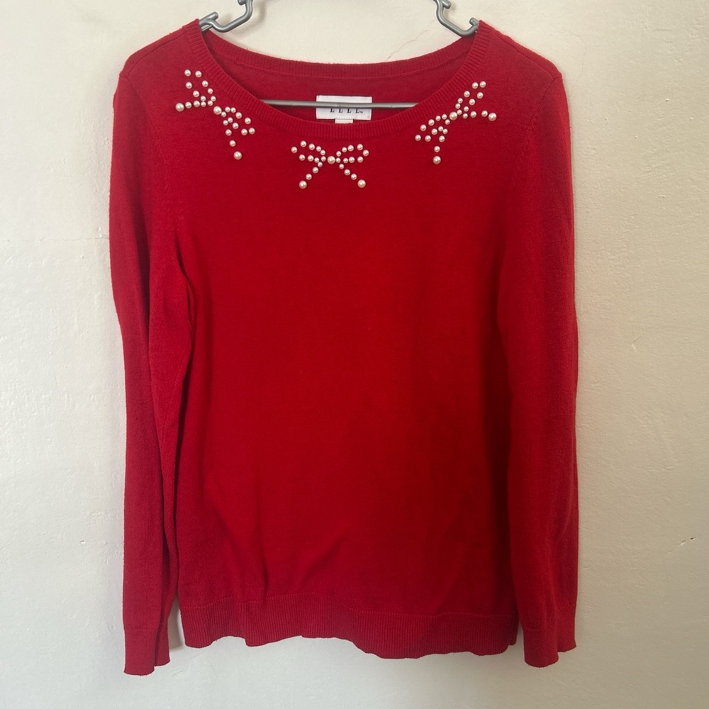Elle Red Sweater with Bow Pearl Details